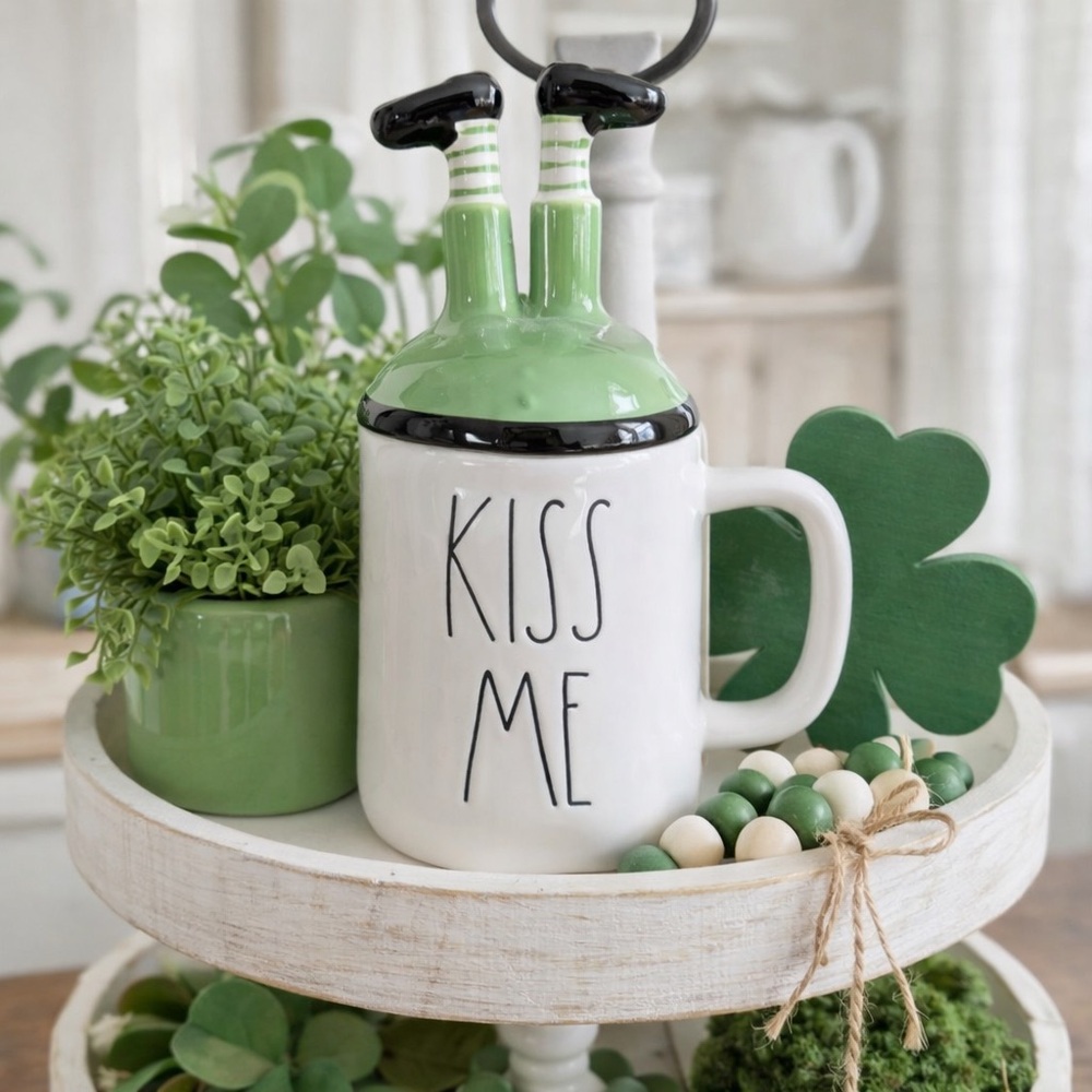 Rae Dunn Kiss Me Mug Leprechaun Topper St. Patrick's Day Lucky Irish Green White